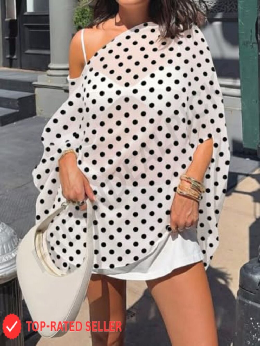 Off Shoulder Swim Cover Up Sheer Chiffon Batwing Poncho Beachwear - Picture 2 of 6